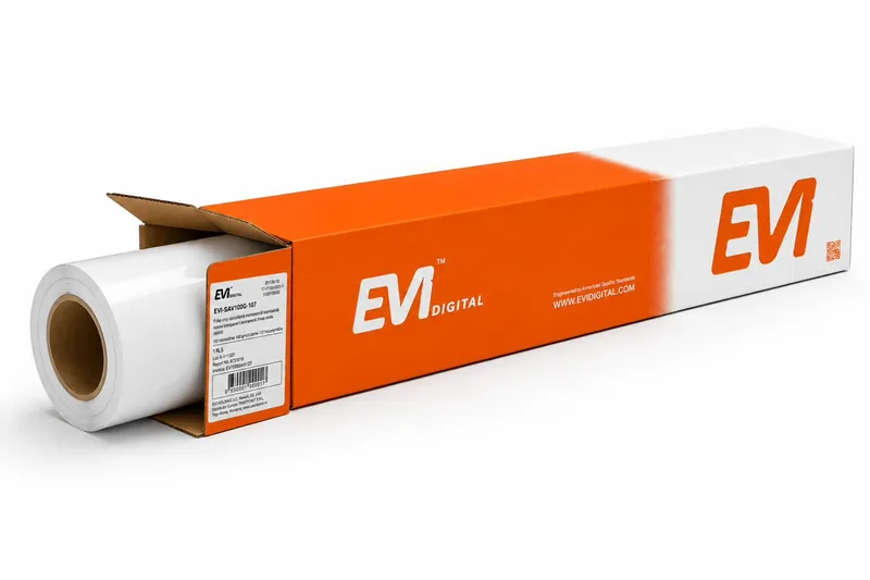 Open EVI PRO® box with SAV roll inside — premium media for wide-format printing
