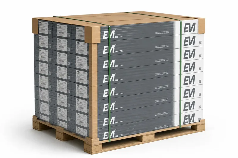Pallet of EVI POLY® boxes — EVI DIGITAL stock at WHITE CAPITAL warehouse