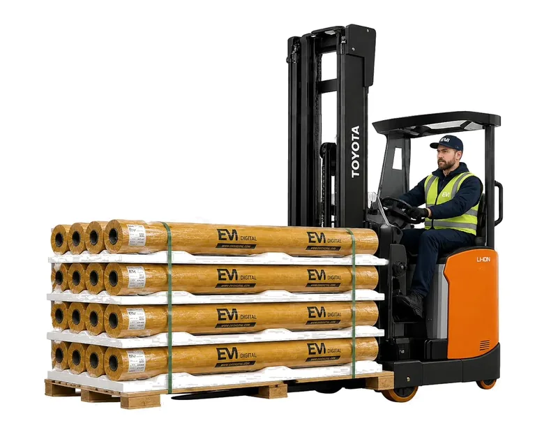 WHITE CAPITAL logistics — pallets of EVI DIGITAL rolls at the Chișinău warehouse