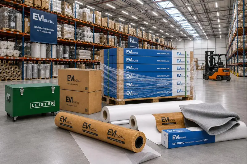 WHITE CAPITAL warehouse in TRACOM Industrial Park Chișinău — EVI DIGITAL rolls, pallets and signage materials
